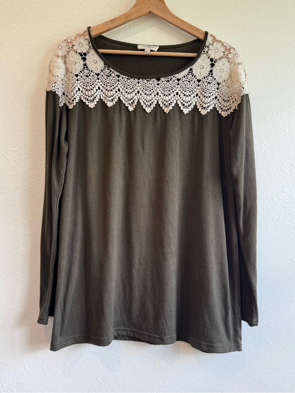 Umgee Olive Long Sleeve Top with Cream Crochet Yoke